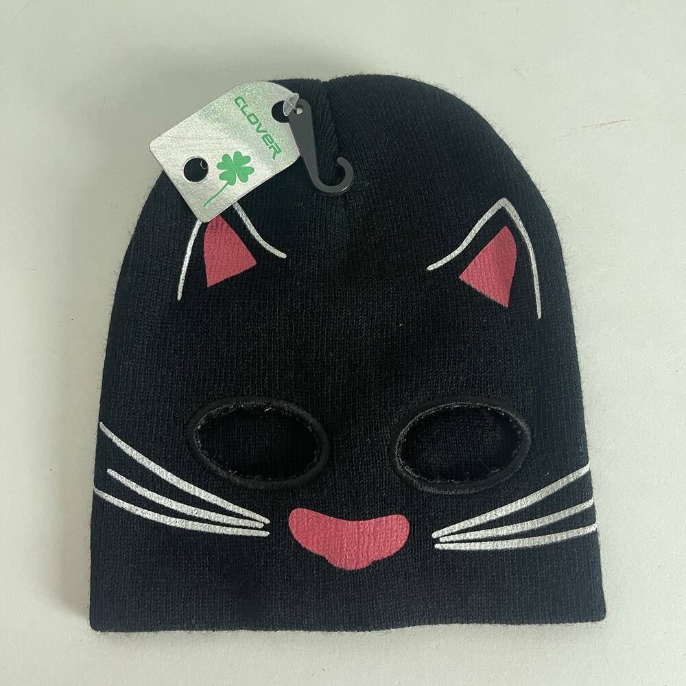 Cute Youth Size Teens Cuffless Cat‎ Knit Mask Beanie with Eye Holes Black
